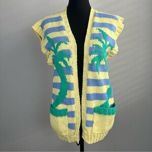 Knitted Tropical Open Front Sweater Vest Yellow Blue Stripe Palm Tree Beach